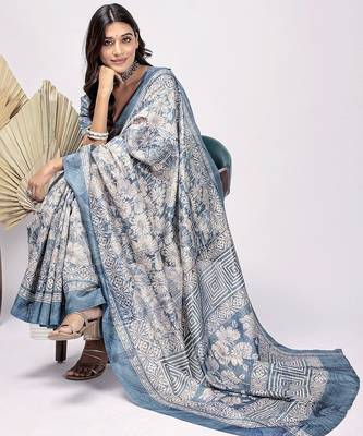 Blue printed silk blend ethnic saree with blouse piece 3