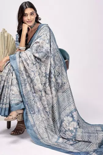 Blue printed silk blend ethnic saree with blouse piece
