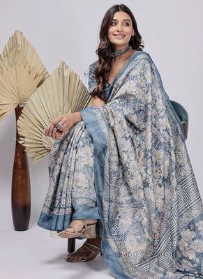 Blue printed silk blend ethnic saree with blouse piece 4