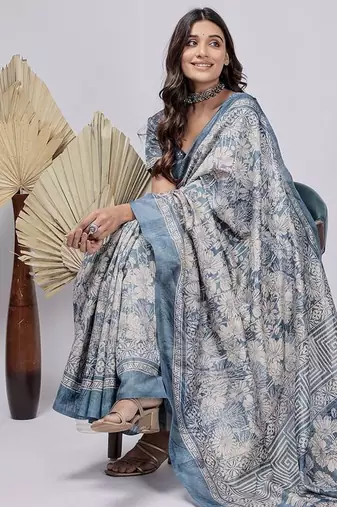 Blue printed silk blend ethnic saree with blouse piece