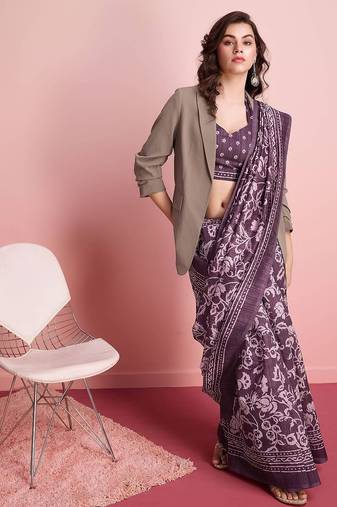 Purple elegant printed silk cotton saree with blouse piece