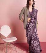 Purple elegant printed silk cotton saree with blouse piece