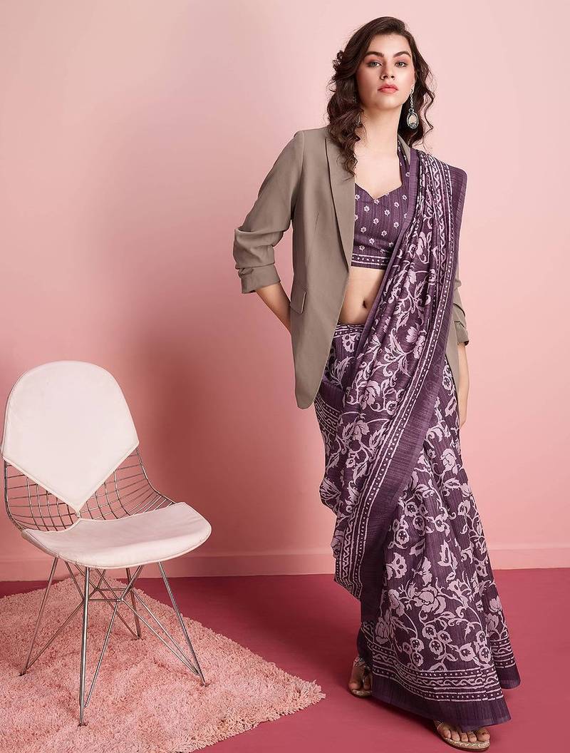Purple elegant printed silk cotton saree with blouse piece