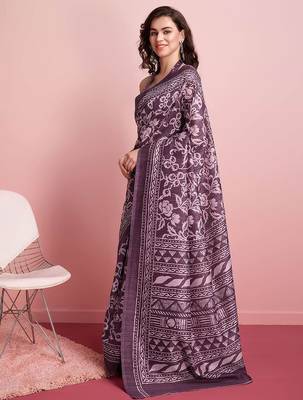 Purple elegant printed silk cotton saree with blouse piece 2