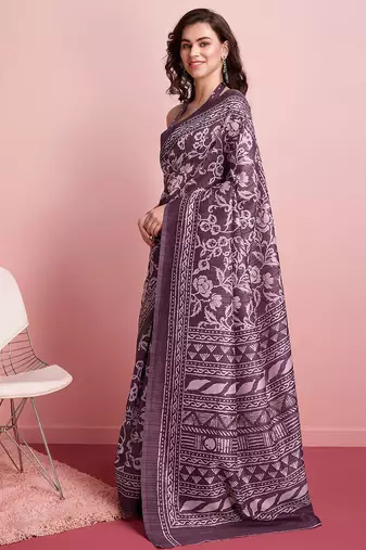Purple elegant printed silk cotton saree with blouse piece