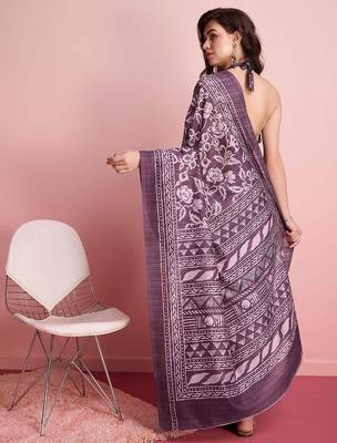 Purple elegant printed silk cotton saree with blouse piece 3