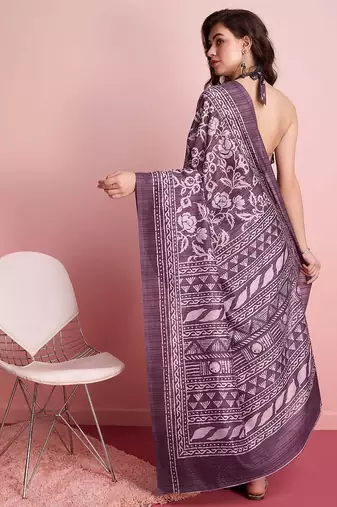 Purple elegant printed silk cotton saree with blouse piece