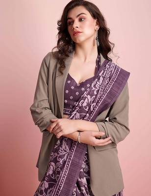 Purple elegant printed silk cotton saree with blouse piece 4