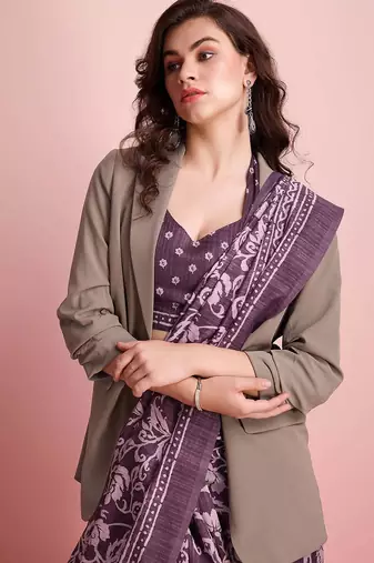 Purple elegant printed silk cotton saree with blouse piece