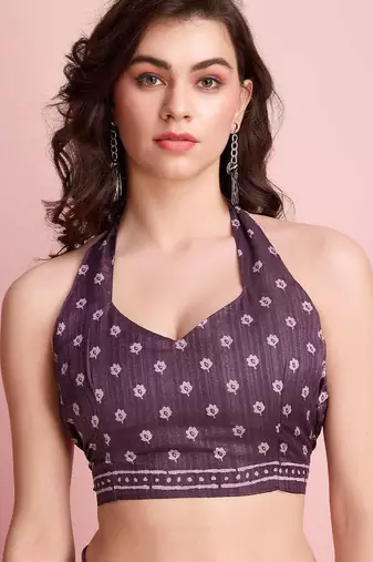 Purple elegant printed silk cotton saree with blouse piece