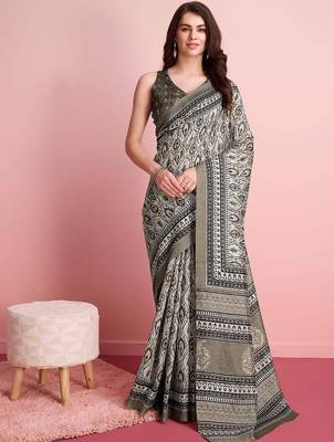 Cream elegant printed silk cotton saree with blouse piece 1