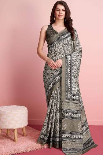 Cream elegant printed silk cotton saree with blouse piece
