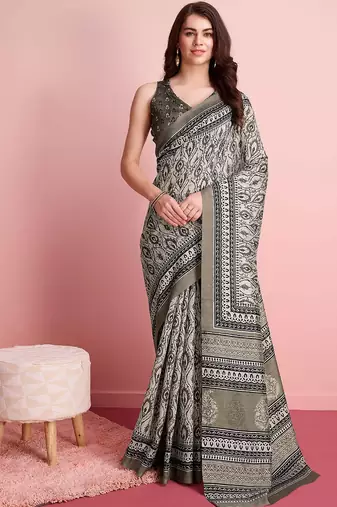 Cream elegant printed silk cotton saree with blouse piece