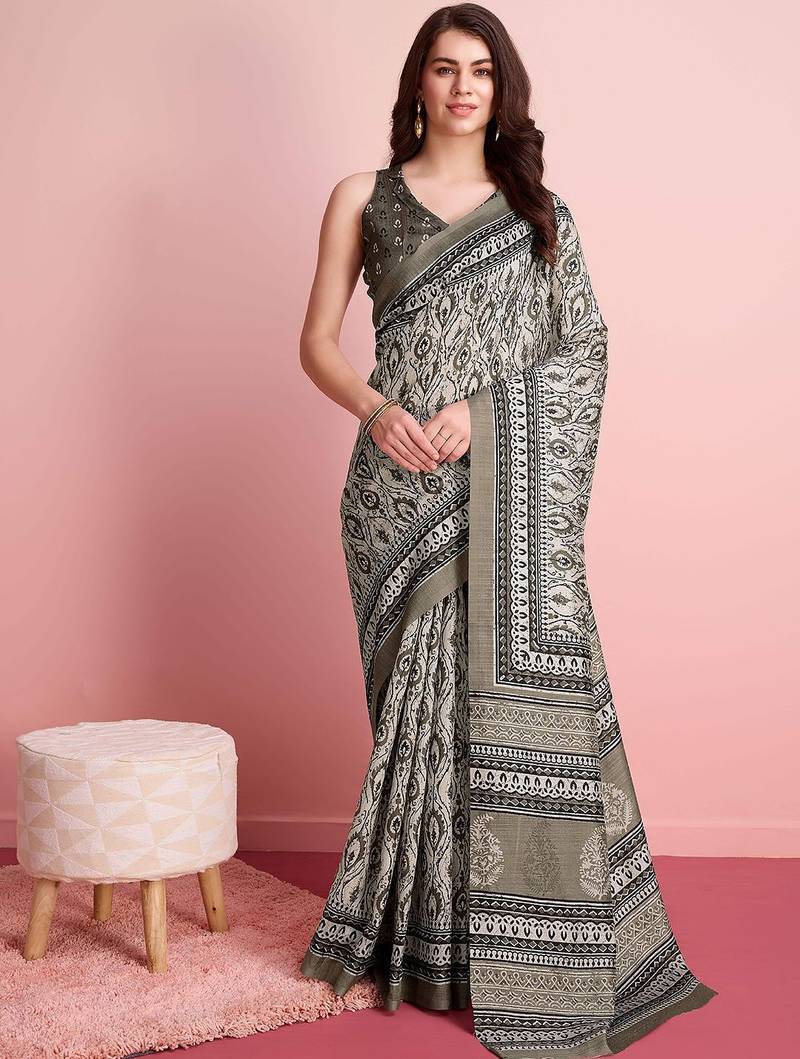 Cream elegant printed silk cotton saree with blouse piece
