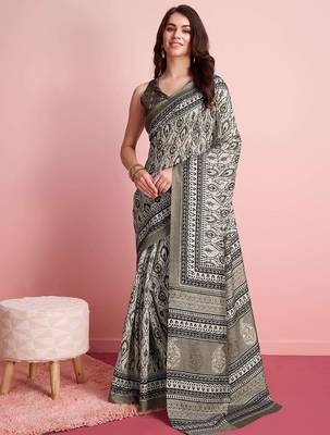 Cream elegant printed silk cotton saree with blouse piece 2