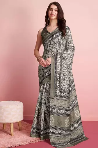 Cream elegant printed silk cotton saree with blouse piece