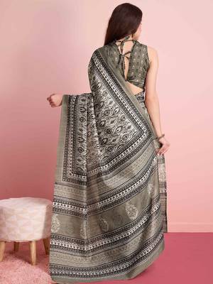 Cream elegant printed silk cotton saree with blouse piece 3