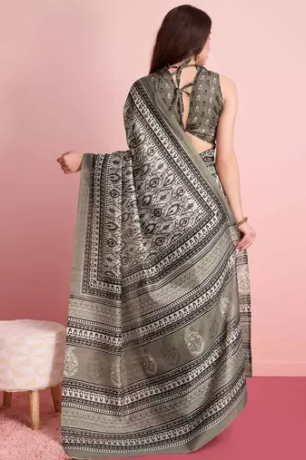 Cream elegant printed silk cotton saree with blouse piece