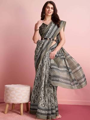 Cream elegant printed silk cotton saree with blouse piece 4