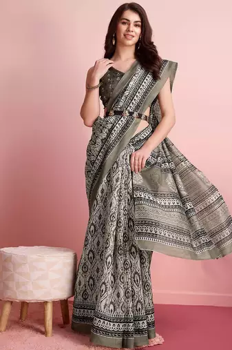 Cream elegant printed silk cotton saree with blouse piece