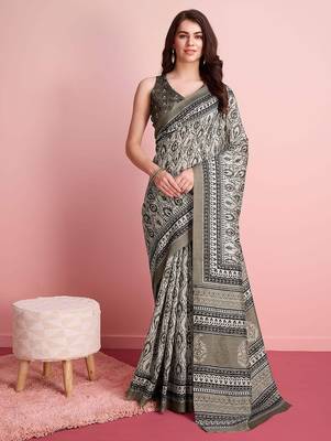 Cream floral printed jute casual saree with blouse piece 1