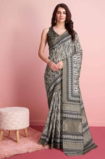 Cream floral printed jute casual saree with blouse piece