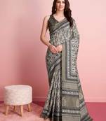 Cream floral printed jute casual saree with blouse piece