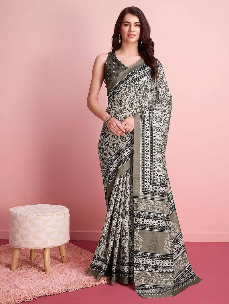 Cream floral printed jute casual saree with blouse piece