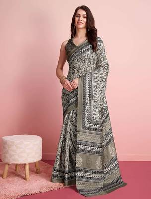 Cream floral printed jute casual saree with blouse piece 2