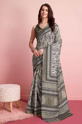 Cream floral printed jute casual saree with blouse piece