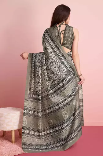 Cream floral printed jute casual saree with blouse piece