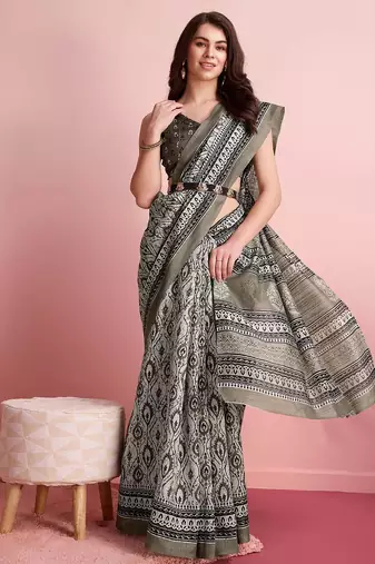 Cream floral printed jute casual saree with blouse piece