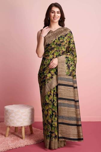Green elegant printed silk cotton saree with blouse piece
