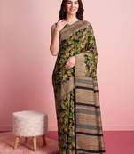Green elegant printed silk cotton saree with blouse piece