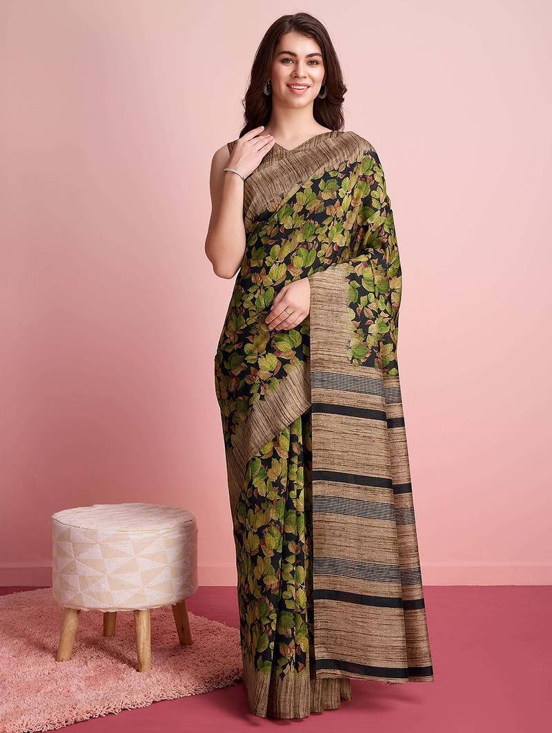 Green elegant printed silk cotton saree with blouse piece