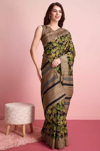 Green elegant printed silk cotton saree with blouse piece