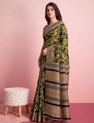 Green elegant printed silk cotton saree with blouse piece 3