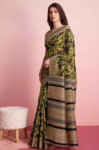 Green elegant printed silk cotton saree with blouse piece