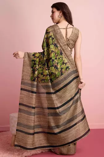 Green elegant printed silk cotton saree with blouse piece