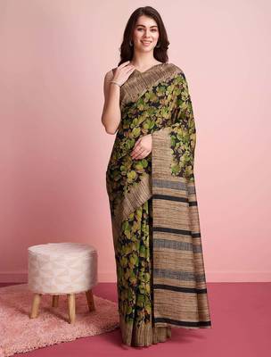 Green floral printed jute casual saree with blouse piece 1