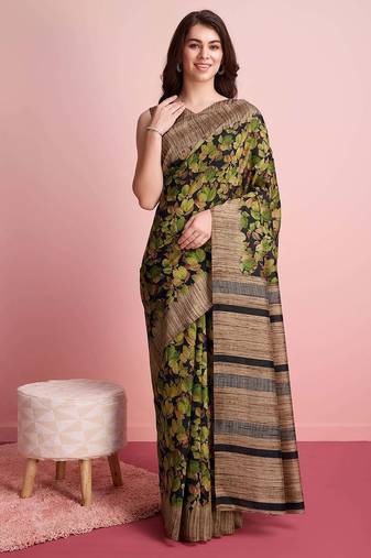 Green floral printed jute casual saree with blouse piece