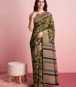 Green floral printed jute casual saree with blouse piece
