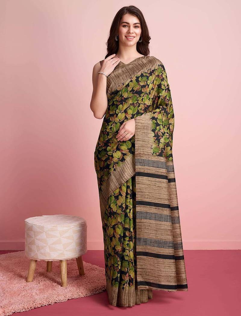 Green floral printed jute casual saree with blouse piece