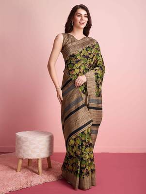 Green floral printed jute casual saree with blouse piece 2