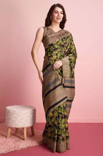 Green floral printed jute casual saree with blouse piece
