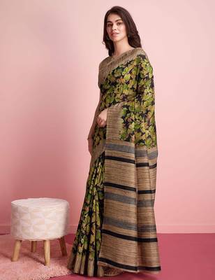 Green floral printed jute casual saree with blouse piece 3