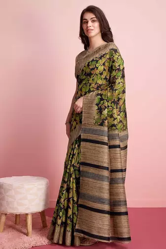 Green floral printed jute casual saree with blouse piece