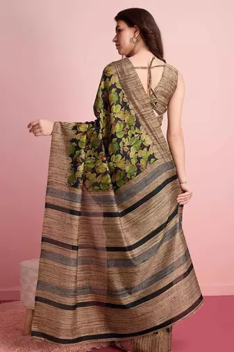 Green floral printed jute casual saree with blouse piece