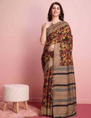 Red elegant printed silk cotton saree with blouse piece 1