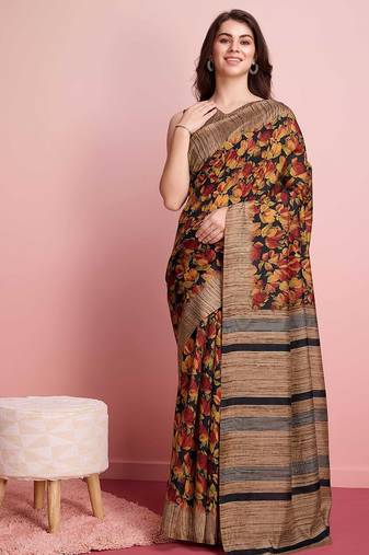 Red elegant printed silk cotton saree with blouse piece